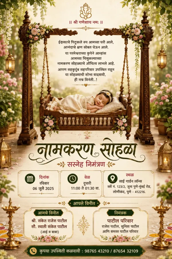 Naming Ceremony Invitation Card Marathi with sleeping baby in floral wooden cradle