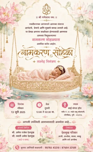 Naming Ceremony Invitation Card Marathi with baby in golden cradle and lotus flowers