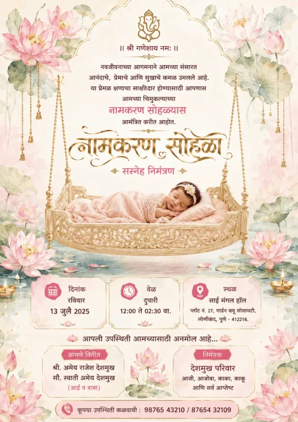 Naming Ceremony Invitation Card Marathi with baby in golden cradle and lotus flowers