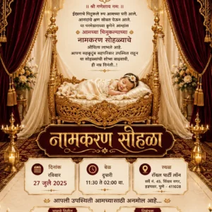 Luxury Naming Ceremony Invitation Card Marathi with baby in golden cradle and royal maroon theme