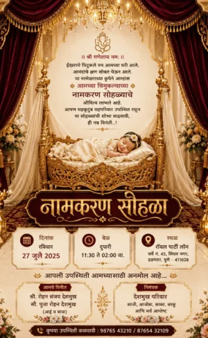 Luxury Naming Ceremony Invitation Card Marathi with baby in golden cradle and royal maroon theme