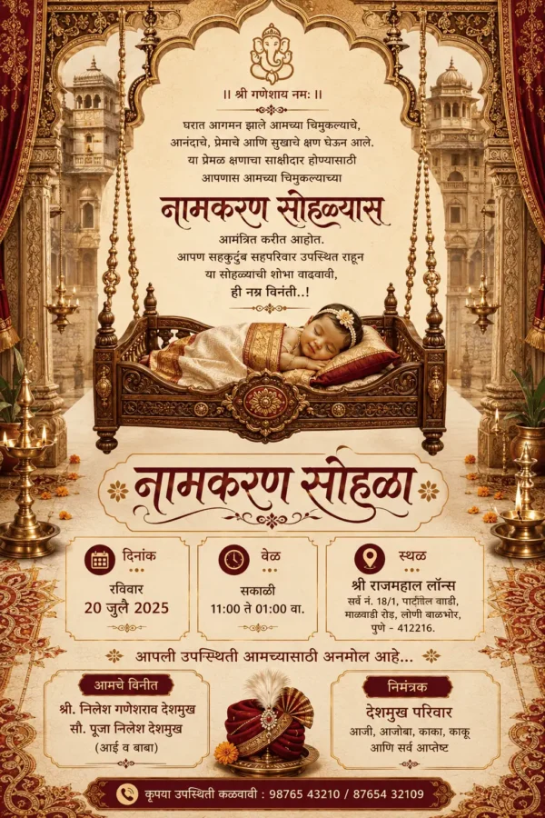 Grand Naming Ceremony Invitation Card Marathi with baby cradle and traditional Pheta