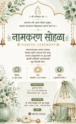 Marathi Naming Ceremony Invitation Card with sage green baby cradle