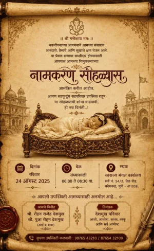 Royal vintage Naming Ceremony invitation Card Marathi with sleeping baby and ornate wooden cradle