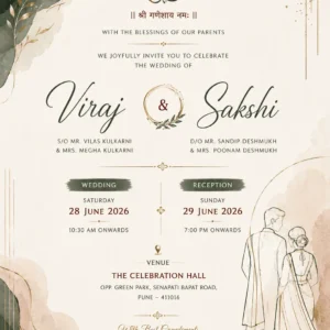 Elegant green minimalist wedding invitation card English with Ganesh, botanical leaves and bride groom illustration