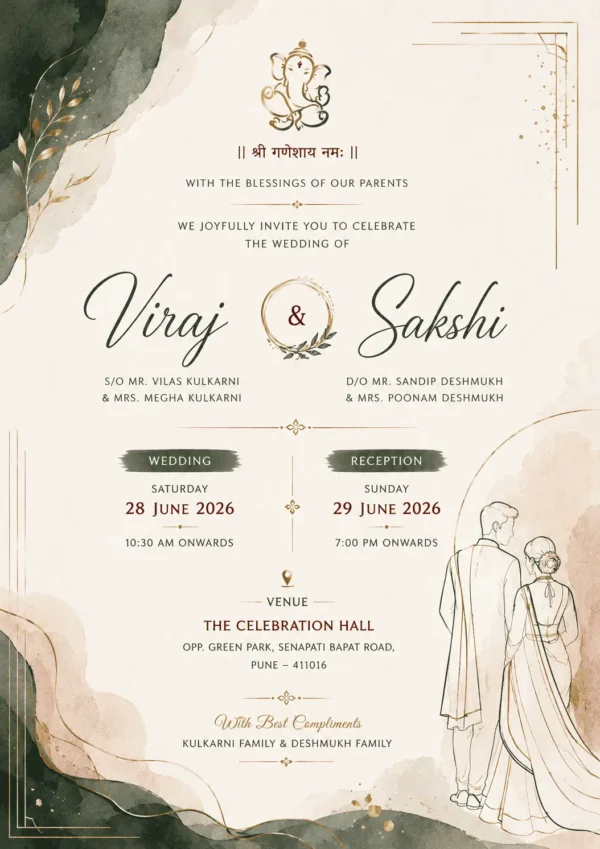 Elegant green minimalist wedding invitation card English with Ganesh, botanical leaves and bride groom illustration
