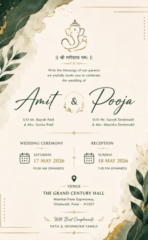 Elegant green and gold wedding invitation card English with Ganesh and botanical leaves