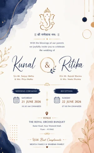 Navy blue and blush wedding invitation card English with Ganesh, botanical leaves and gold accents