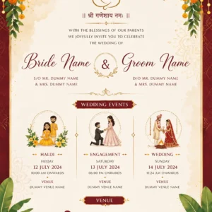 Marigold wedding invitation card English with Ganesh, wedding events and traditional Indian decorations